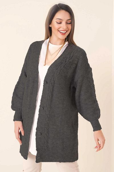 hazelin Women's Gray Hair Knit Pattern Long Buttoned Casual Cut Knitwear Cardigan Hzl23W-Bd 1100691