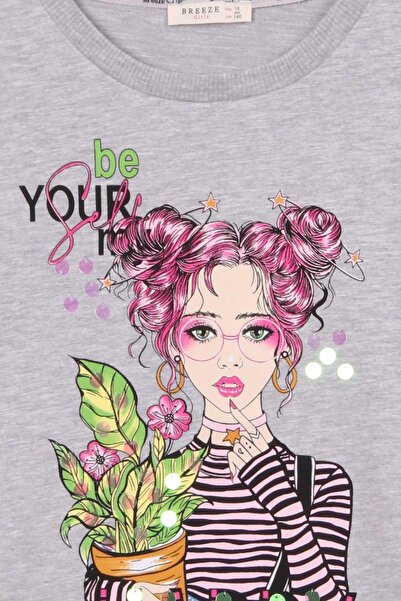 Breeze Μακρυμάνικο μπλουζάκι για κορίτσια με πορτρέτο κορίτσι με στάμπα 10-14 ετών, γκρι μελανζέ