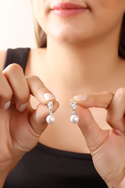 SUNSHINE 925 Ayar Gümüş ,Damla Taşlı İncili Küpe