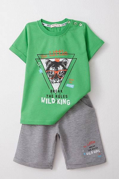 Breeze 1-4 Years Boy Green Shorts Set - King Lion Printed