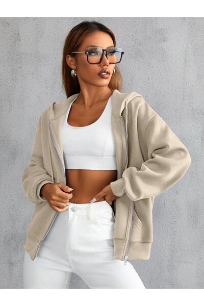 CAST COLLECTİON Women's Beige Zippered Cardigan Jacket