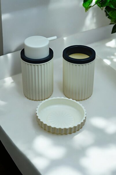 Dore Voir Set de baie din plastic dur de 3 bucăți/ dozator de săpun lichid, suport pentru periuță de dinți și dozator de săpun solid-cremă