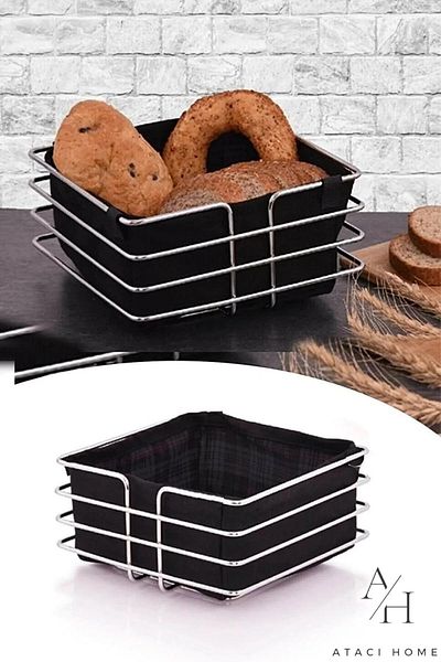 ATACI Luxury Stainless Chrome Silver Bread Basket and Napkin Holder Bread Bowl Set of 2