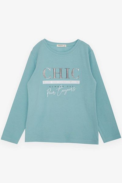 Breeze Tricou cu mânecă lungă pentru fetiță, cu text cu sclipici imprimat, 9-14 ani, verde apă