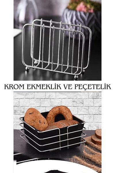 ATACI Luxury Stainless Chrome Silver Bread Basket and Napkin Holder Bread Bowl Set of 2