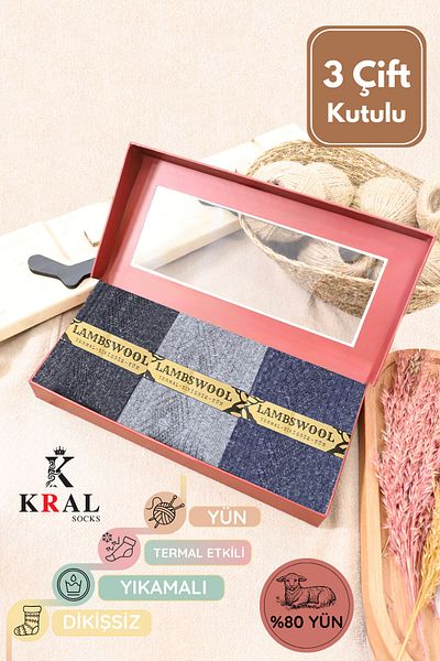 KRAL SOCKS Set de 3 perechi de iarnă pentru bărbați - șosete fără sudură din lână dublă, parfumate din lână de miel, cu efect termic
