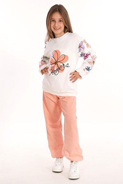 zepkids Floral Printed Ecru Salmon Color Girl's Tracksuit Set