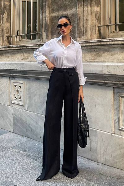Ortaya Çık Black Wool Effect Fabric Pocket Design Palazzo Trousers