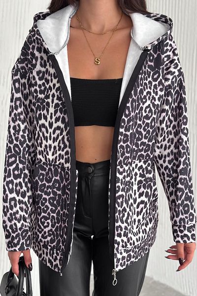 Ded COLLECTION Cardigan de damă cu glugă cu imprimeu leopard și buzunar cu fermoar