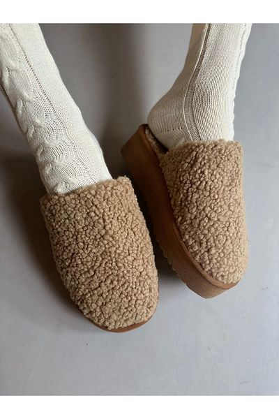 moneta boutique Γυναικείες άνετες παντόφλες Teddy Platform -Camel