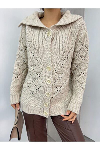 Modamorfo Openwork Buttoned Thick Cardigan - Stone