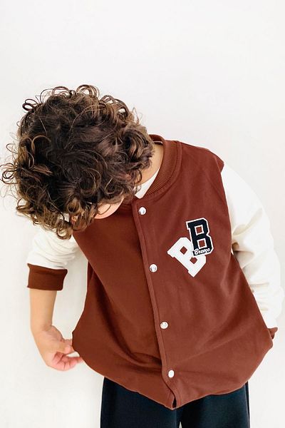 Breeze Boys' College Coat with Letter Embroidery and Snap Fasteners Age 3-7 Brown