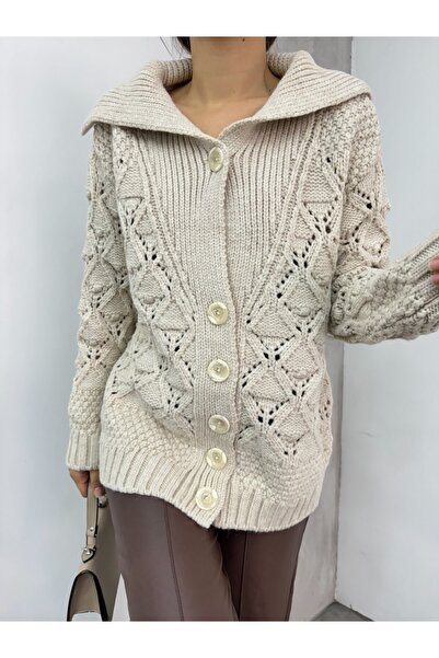 Modamorfo Openwork Buttoned Thick Cardigan - Stone