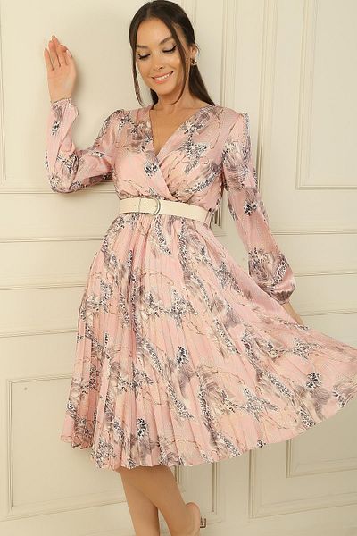 By Saygı Rochie din satin pliat cu guler dublu cu centura in talie cu model leopard