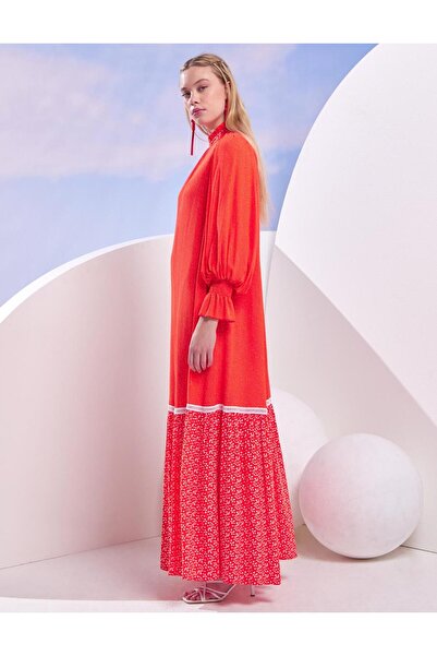 Kayra Kat Detaylı Balon Kol Elbise Mercan