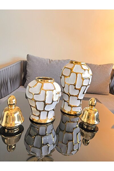 vazo 2'li Beyaz Altın Desenli