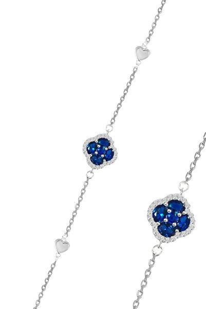 Söğütlü Silver Gümüş rodyumlu sedef,safir ve zirkon taşlı şanslı kalpler yonca bileklik SGTL12643LACIVERT