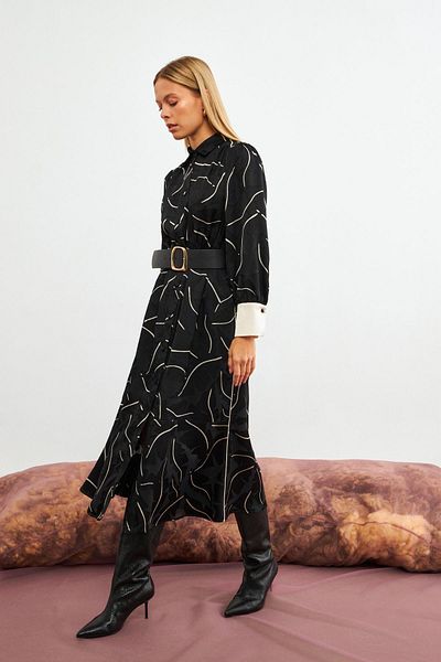 Setre Black Belt Detailed Long Sleeve Midi Length Patterned Shirt Dress