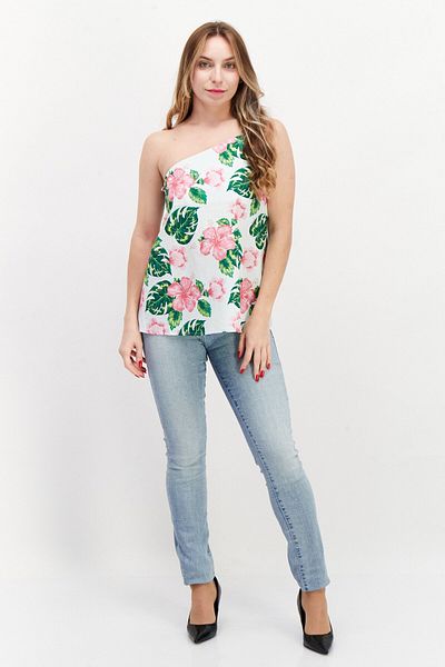 SUNDEK Women Asymmetrical Neck One Shoulder Sleeve Floral Print Top, White