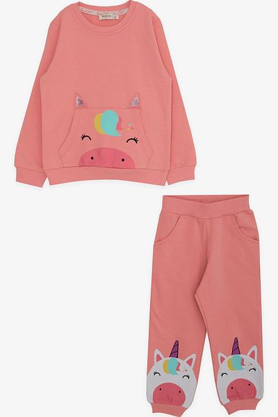 Breeze Unicorn Printed Girl's Tracksuit Set - 1-4 Years, Powder