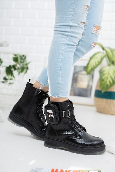 RANA SHOES Siyah Kırışık Rugan Fermuarlı Cep Detaylı Kız Çocuk Botu