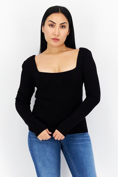 comma Women Square Neck Long Sleeves Plain Sweatshirts, Black