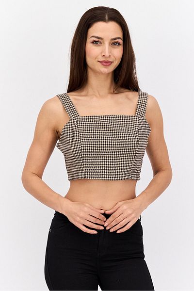 IN THE STYLE Women Square Neck Sleeveless Houndstooth Crop Top, Beige