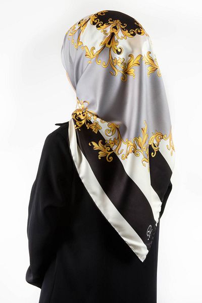 VİOLLA Ασημί χρώμα Twill ριγέ μπαρόκ μοτίβο 90x90 κασκόλ - Χωρίς μετάξι