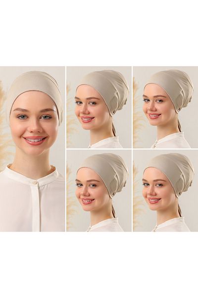 Melodi Scarf Μπεζ Hijab ραμμένο γυναικείο χτενισμένο βαμβακερό σετ καπό - 5 κομμάτια με γραβάτα