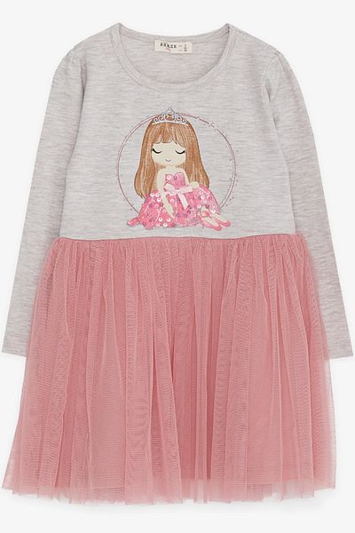 Breeze Girl's Long Sleeve Dress Sequined Girl Printed 1.5-5 Years, Beige Melange
