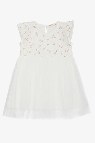 Breeze Kız Bebek Elbise Çiçekli Tüllü Fırfırlı 9 Ay-3 Yaş, Ekru