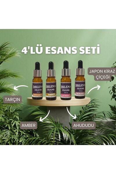 MİADA 4lü Esans Seti Japon Kiraz Çiçeği + Tarçın + Ahududu + Amber 10ml. Mum Esansı, Sabun Esansı, Buhur