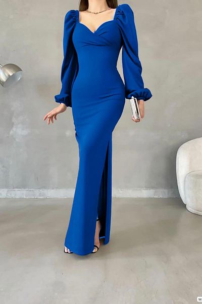 Deafox Rochie lungă cu mânecă lungă din țesătură creponată importată cu mânecă prințesă albastră Saks