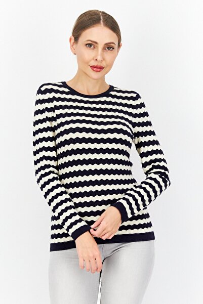 ZERO Women Round Neck Long Sleeve Stripe Sweater, Navy Blue