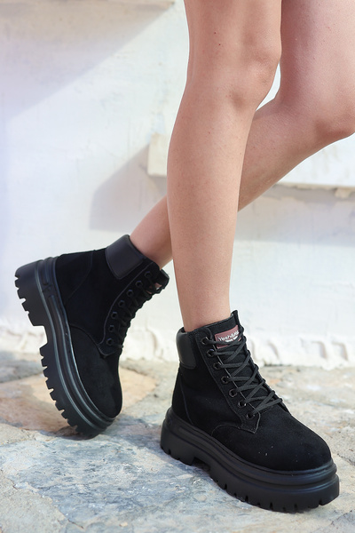 Lizzu Herrie Μαύρα Γυναικεία Flat Μποτάκια - Lace Up