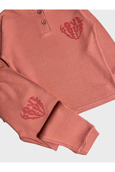 elmas kids Дівчачий бавовняний вафельний комплект піжами з довгими рукавами, оранжевий, з малюнком «Love»
