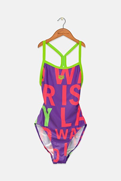 ARENA بدلة سباحة نسائية من قطعة واحدة بطبعة جرافيكية، أرجوانية وأوراق شجر