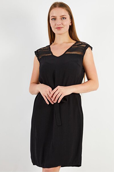ONE STEP Women Textured Sleeveless Belted Mini Dress, Black