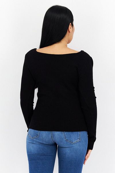comma Women Square Neck Long Sleeves Plain Sweatshirts, Black