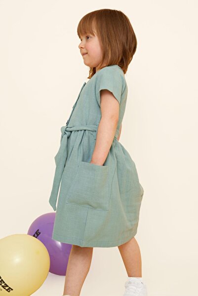 Breeze Girl's Linen Dress Buttoned with Side Pockets 1.5-5 Years, Mint Green