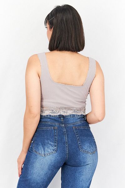Skylar Rose Women Square Neck Sleeveless Ribbed Crop Top, Grey