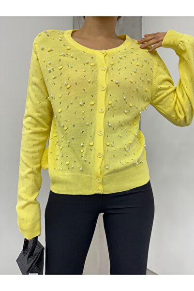 Modamorfo Pearl Pompom Knitwear Cardigan - Yellow