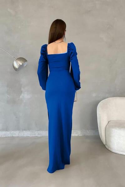 Deafox Saks kék hercegnő ujjú hasított részlet édes nyakkivágással importált krepp szövet hosszú ujjú hosszú ruha