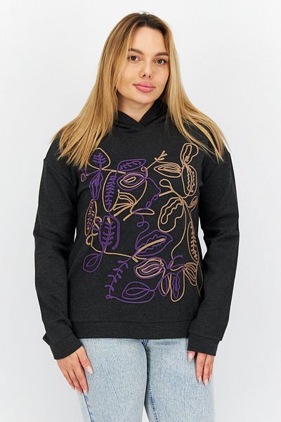 comma Women Hooded Long Sleeves Embroidered Sweatshirts, Black