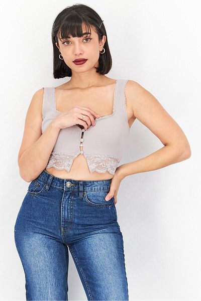 Skylar Rose Women Square Neck Sleeveless Ribbed Crop Top, Grey