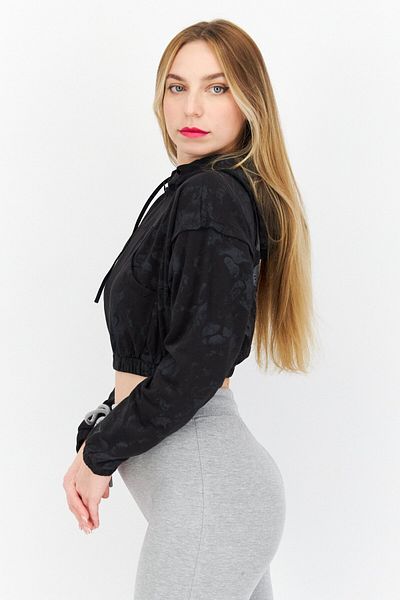 GYMSHARK Women Sportswear Fit Long Sleeve Zip Up Crop Hoodie, Black