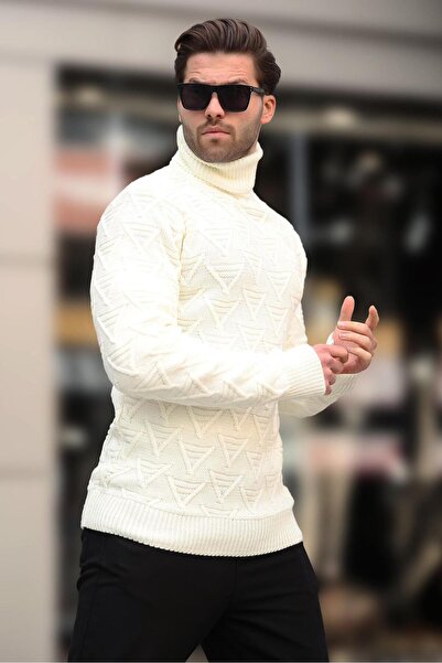 Madmext Ekru Balıkçı Yaka Desenli Erkek Kazak E7292