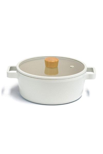 NEOFLAM Fika 24 Cm Beige Cast Short Pot with Glass Lid