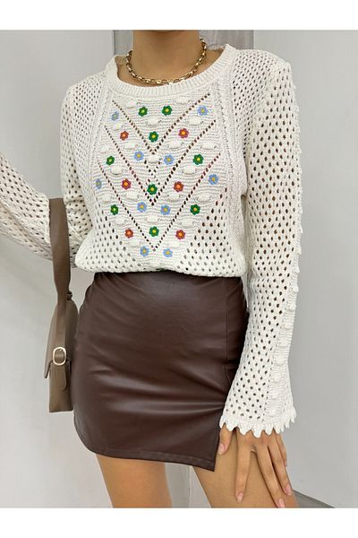 Modamorfo Strickpullover aus Netzstoff – Blumenstickerei, Ecru