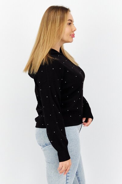 comma Women Hooded Long Sleeves Textured Sweatshirts, Black